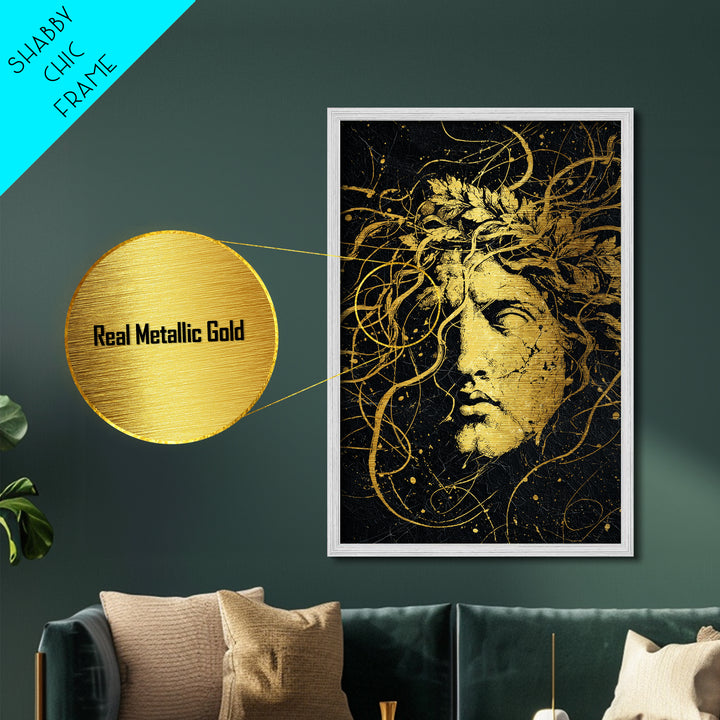 Apollo Greek Statue Metallic Gold Metal Print, Mythological Music And Light Inspired Art, Real Wood Framed Wall Decoration