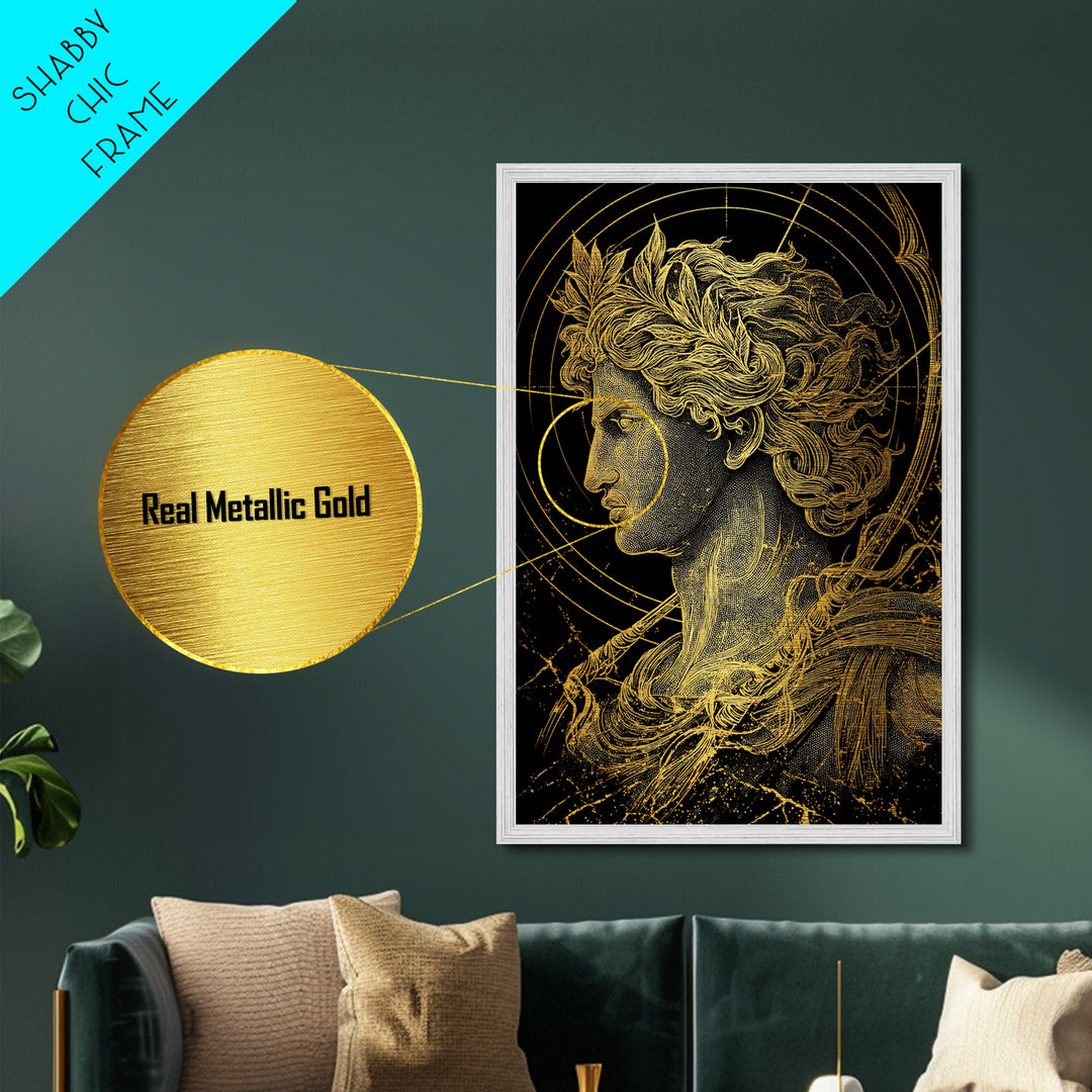 Apollo God Of Light Metallic Gold Metal Print, Classical Greek Mythology Artwork, Real Wood Frame Decorative Ancient Wall Art