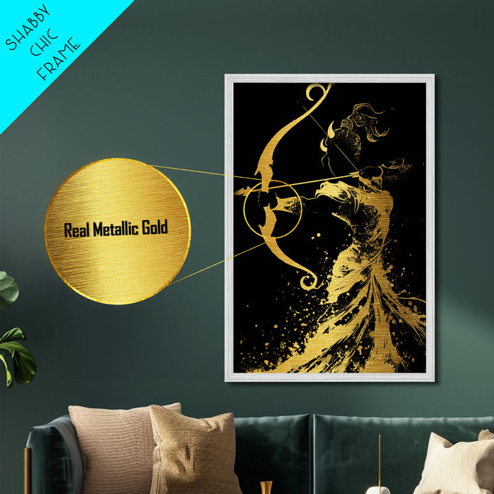 Artemis Goddess Metallic Gold Metal Print, Greek Mythology Archer Huntress Artwork, Real Wood Framed Ancient Decorative Wall Art