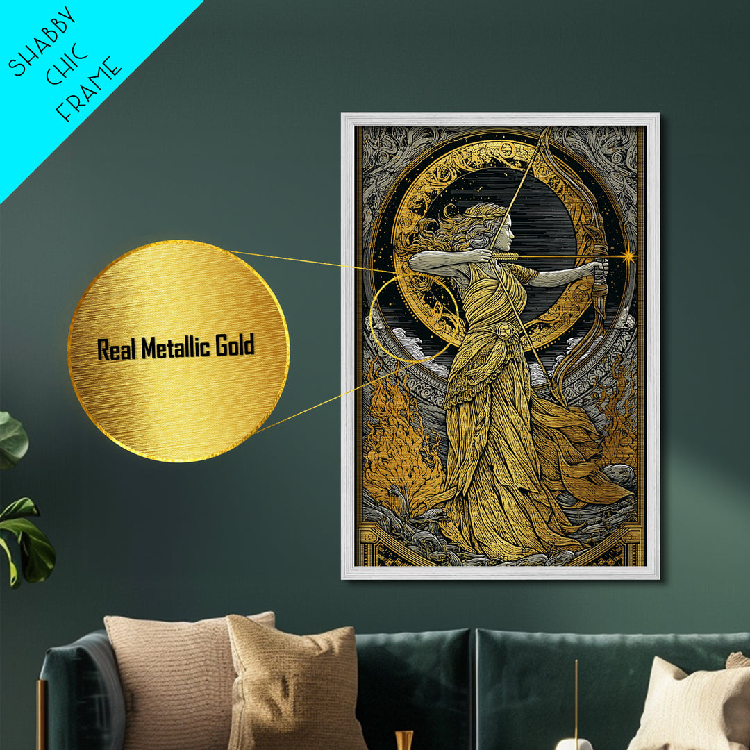 Artemis Greek Goddess Metallic Gold Metal Print, Bow And Arrow Mythology Inspired Artwork, Real Wood Frame Decorative Wall Art