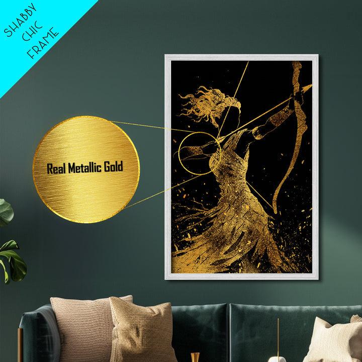 Artemis Archer Goddess Mythology, Metallic Gold Metal Print, Real Wood Frame, Greek Myth Wall Art, Celestial Home Decor