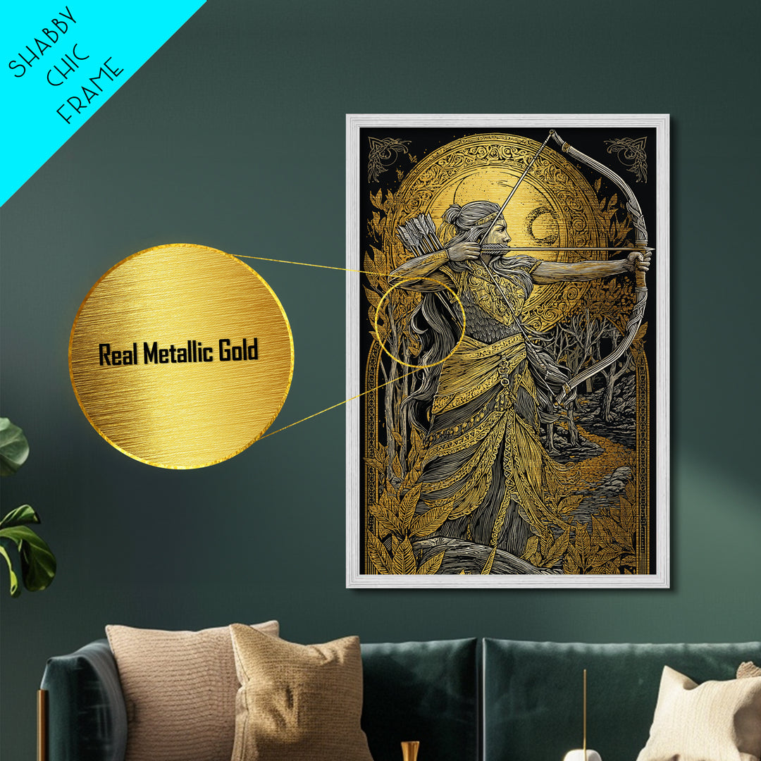 Artemis Moonlit Huntress With Bow, Metallic Gold Art, Real Wood Framed Print, Greek Goddess Wall Decor, Mythology Artwork