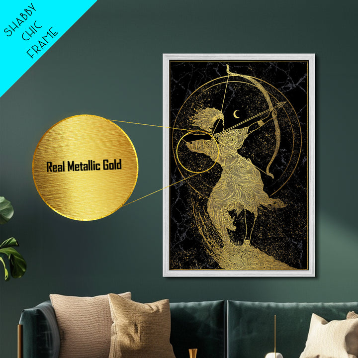 Divine Archer Artemis Illustration, Metallic Gold Metal Print, Real Wood Frame, Greek Goddess Wall Hanging, Myth Art Decor