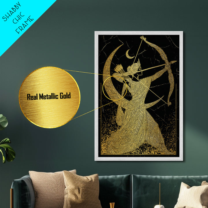 Artemis Lunar Goddess Archery Scene, Metallic Gold Art Print, Real Wood Frame, Mythology Wall Art, Elegant Greek Decor