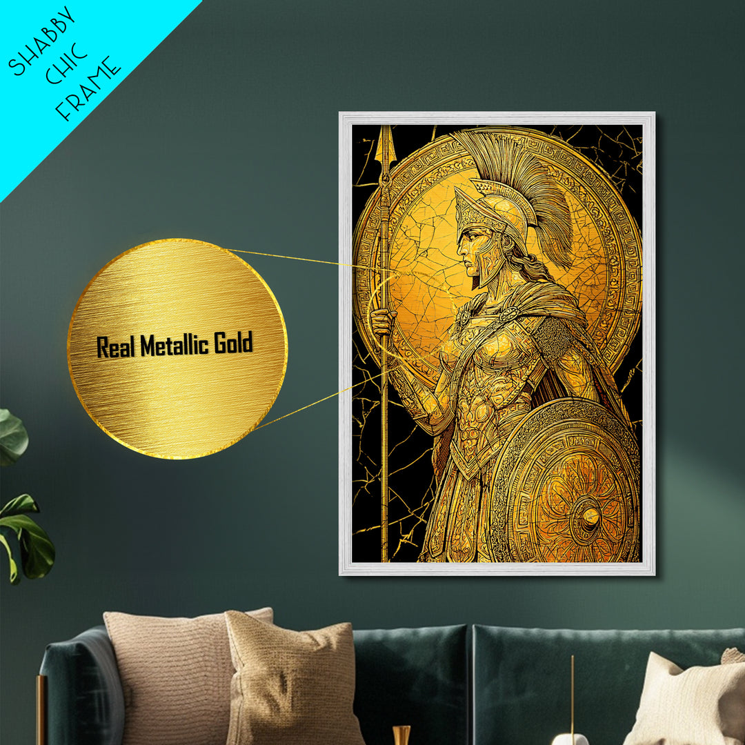 Athena Warrior Goddess With Spear And Shield, Metallic Gold Metal Print, Real Wood Frame, Greek Myth Wall Art, Strength Decor