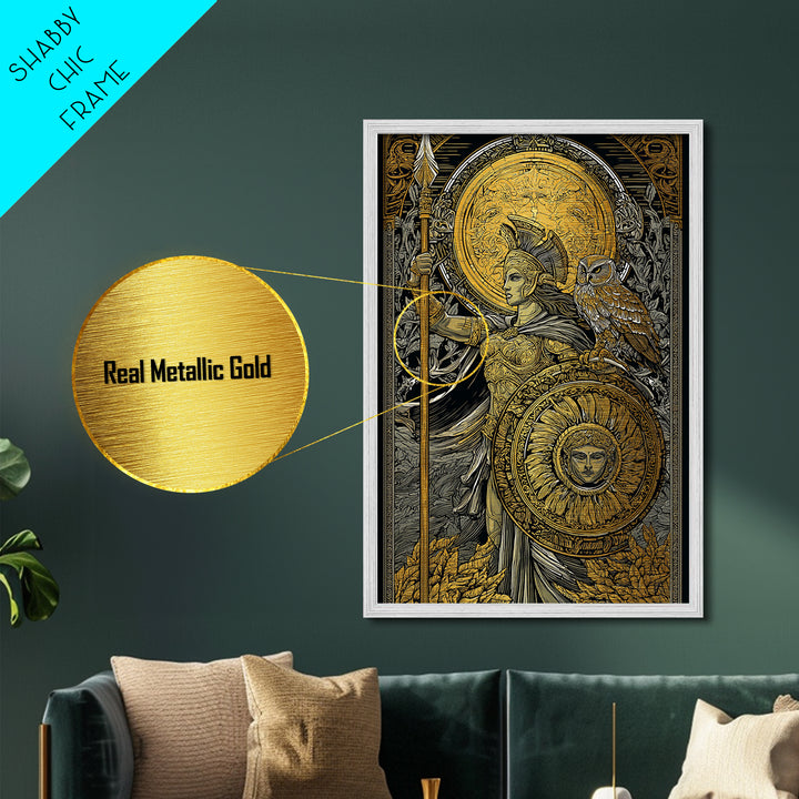Athena With Owl Wisdom Goddess Art, Metallic Gold Art Print, Real Wood Frame, Greek Mythology Wall Hanging, Protection Decor