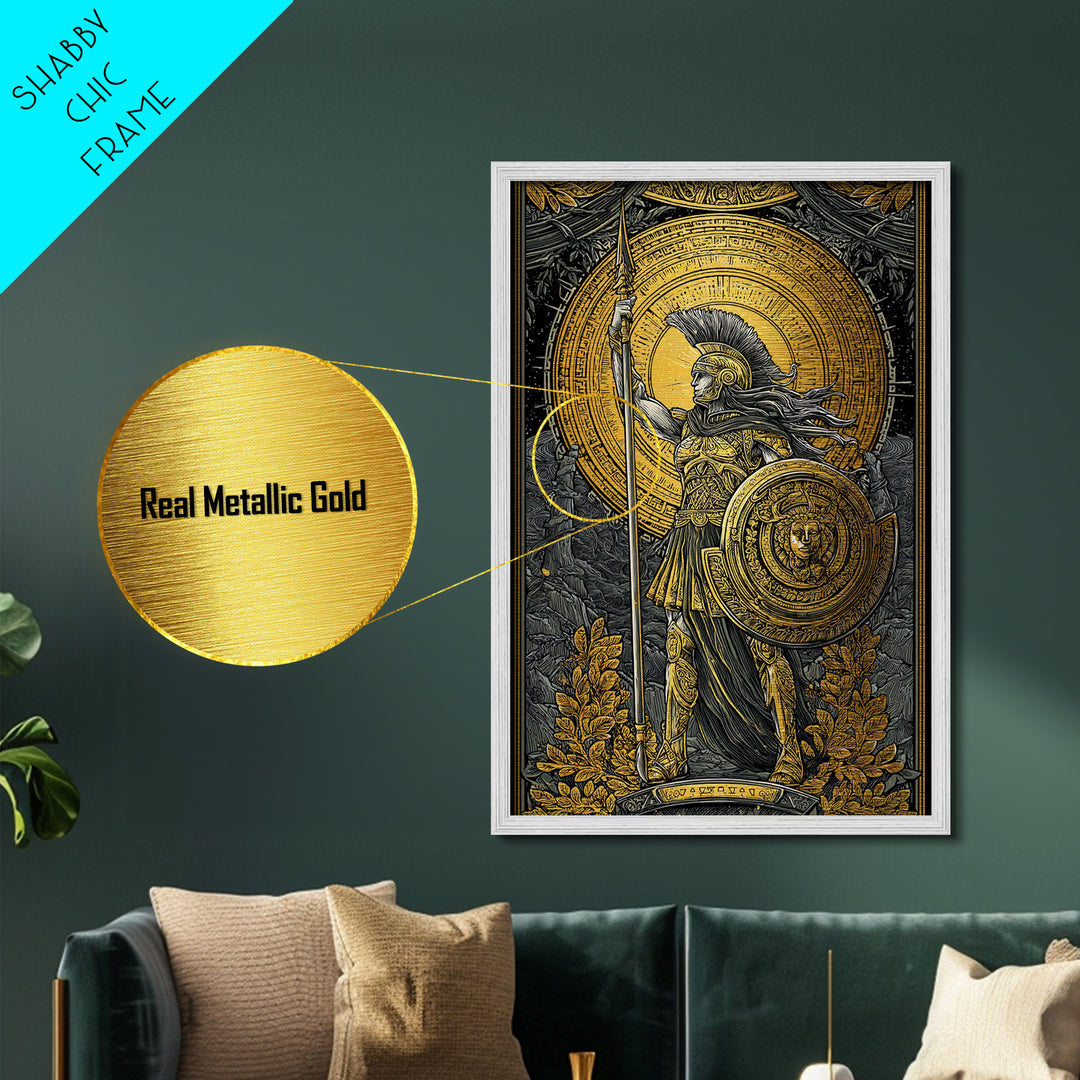 Athena Goddess Of War And Wisdom, Metallic Gold Metal Print, Real Wood Frame, Greek Warrior Wall Art, Mythology Inspired Decor