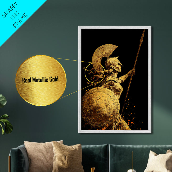 Athena Warrior Goddess With Spear And Shield, Metallic Gold Metal Print, Real Wood Frame, Greek Mythology Wall Art