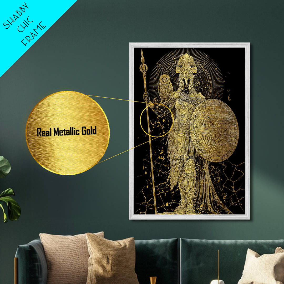 Athena With Owl And Shield Of Wisdom, Metallic Gold Art Print, Real Wood Frame, Ancient Greek Mythology Warrior Decor