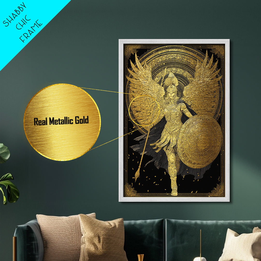 Athena Winged Warrior Goddess With Shield, Metallic Gold Art Print, Real Wood Frame, Greek Mythology Goddess Wall Decor