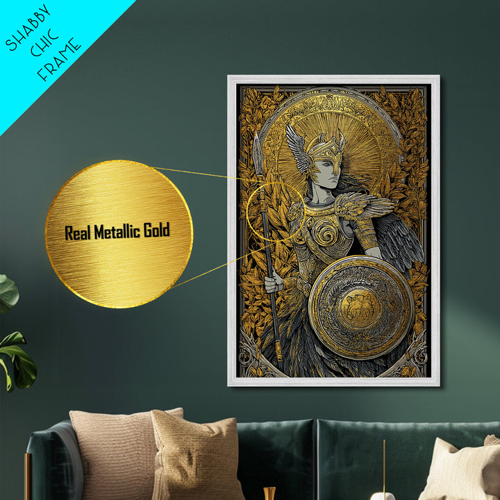 Athena Goddess Of Wisdom With Spear, Metallic Gold Metal Print, Real Wood Frame, Greek Mythology Warrior Goddess Art