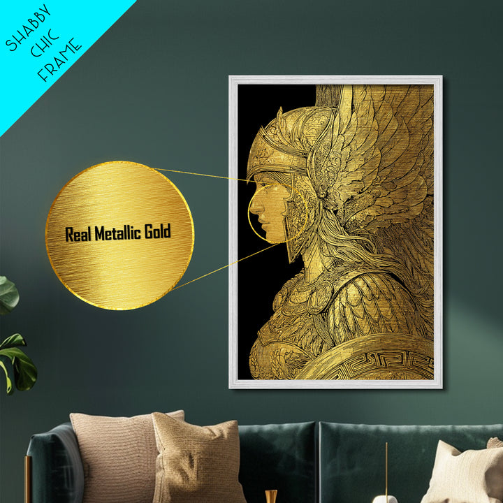 Athena Warrior Goddess Profile With Wings, Metallic Gold Art Print, Real Wood Frame, Greek Mythology Goddess Wall Art