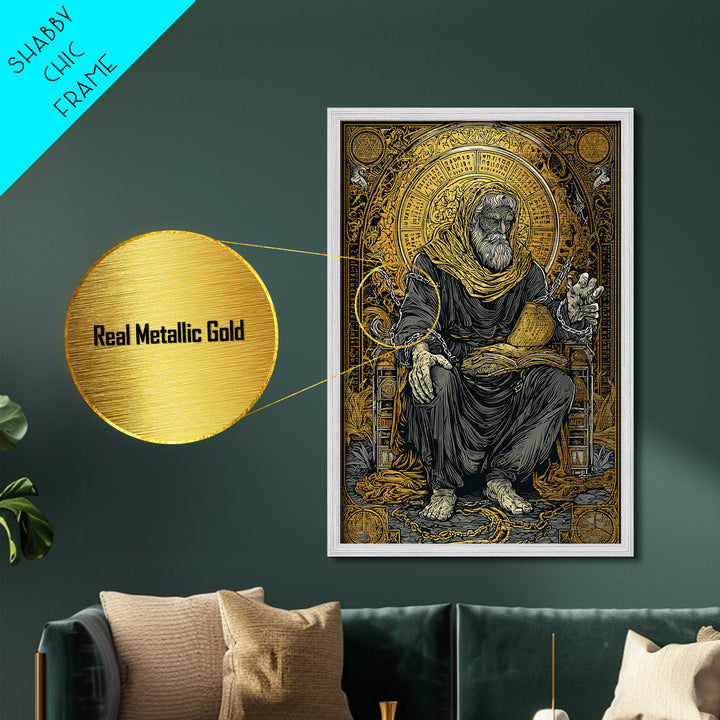 Boethius Philosopher With Ancient Manuscript, Metallic Gold Metal Print, Real Wood Frame, Medieval Wisdom Wall Decor