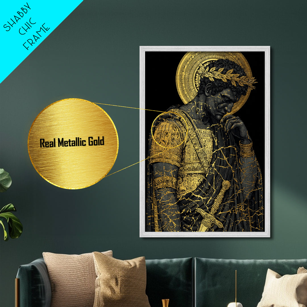 Brutus Roman Leader With Laurel Wreath, Metallic Gold Art Print, Real Wood Frame, Ancient Roman History Warrior Wall Art