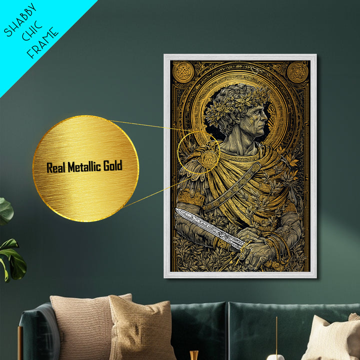 Brutus Stoic Roman General With Sword, Metallic Gold Metal Print, Real Wood Frame, Ancient Roman History Philosopher Art