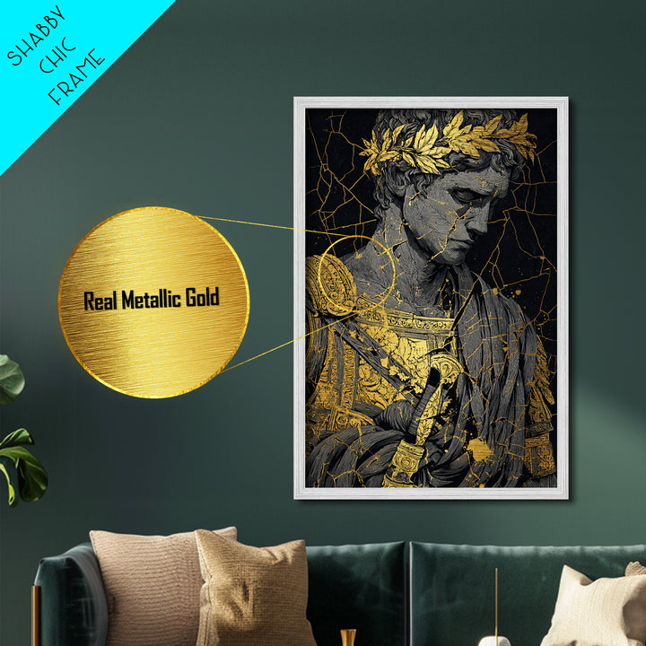 Roman Emperor Bust With Laurel Crown, Metallic Gold Metal Print, Classical Sculpture Wall Art, Real Wood Frame Home Decor