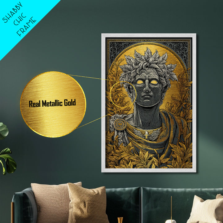 Apollo God Bust Surrounded By Laurel Leaves, Metallic Gold Art Print, Greek Mythology Wall Decor, Real Wood Frame Artwork