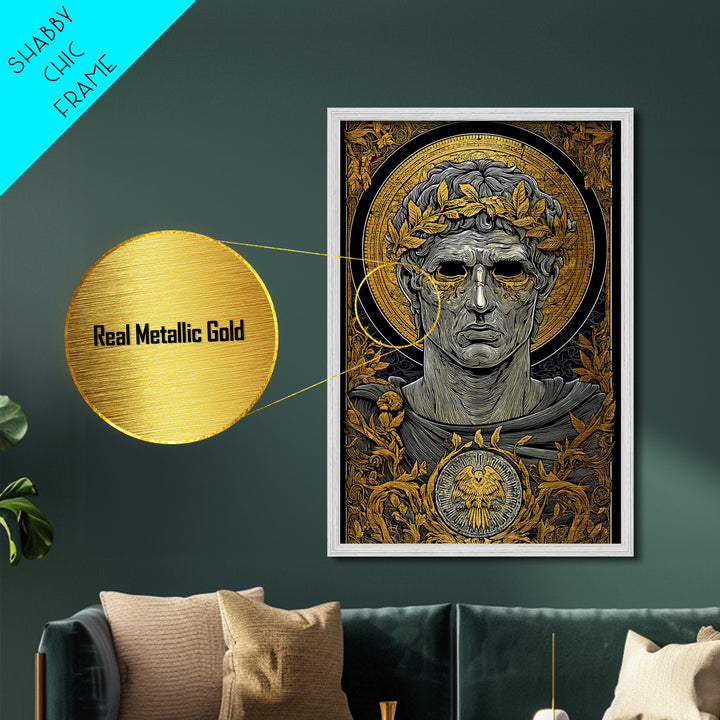 Caesar Inspired Roman Bust, Metallic Gold Metal Print, Ancient Rome Decorative Wall Art, Mythology Style, Real Wood Frame