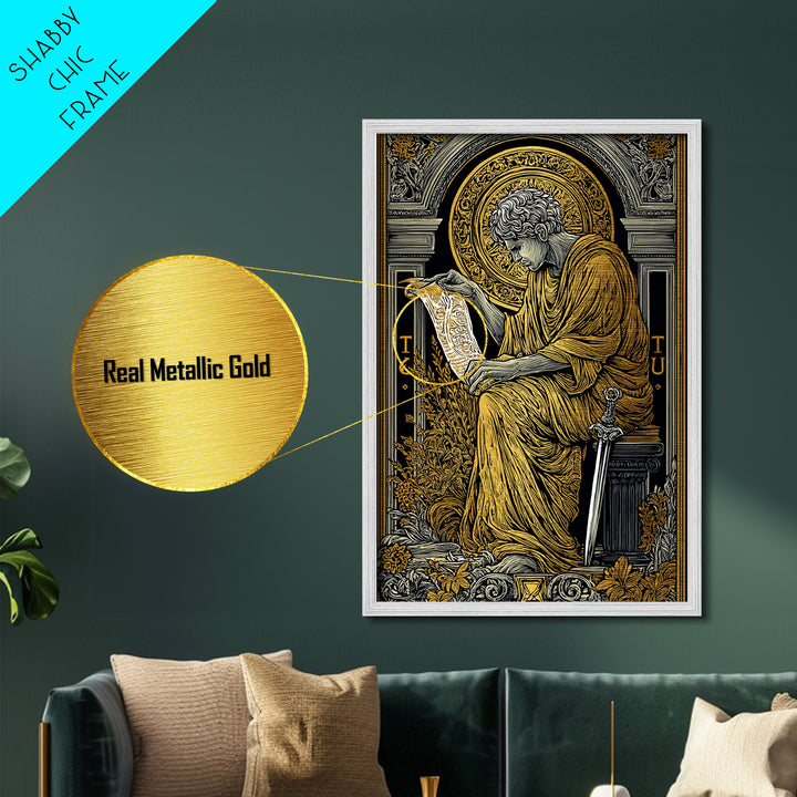 Scholar Reading Ancient Scroll, Metallic Gold Art Print, Roman Inspired Decorative Wall Art, Mythology Style, Real Wood Frame
