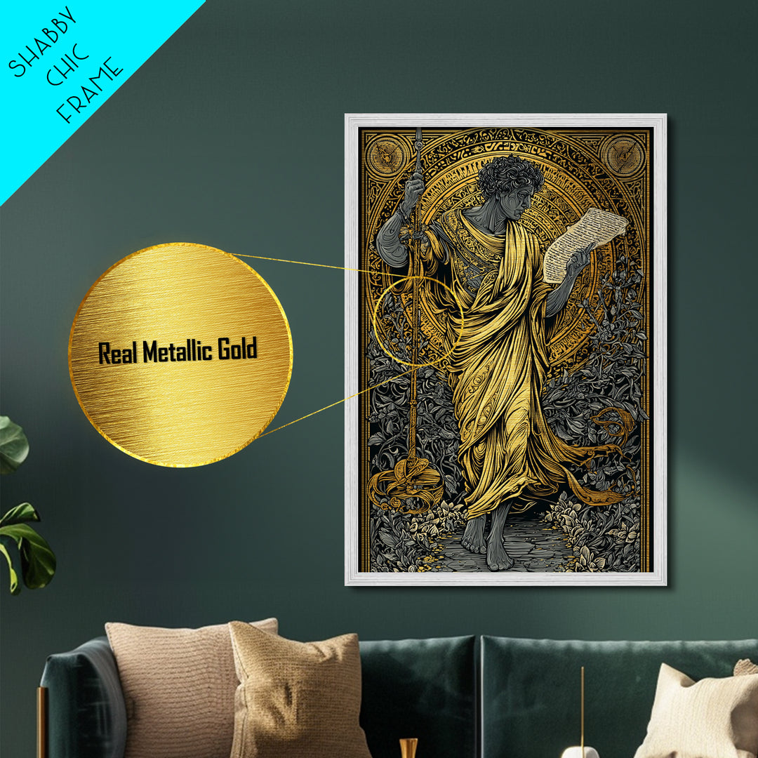 Philosopher Holding Spear And Scroll, Metallic Gold Metal Print, Classical Greek Wall Art, Mythology Inspired, Real Wood Frame
