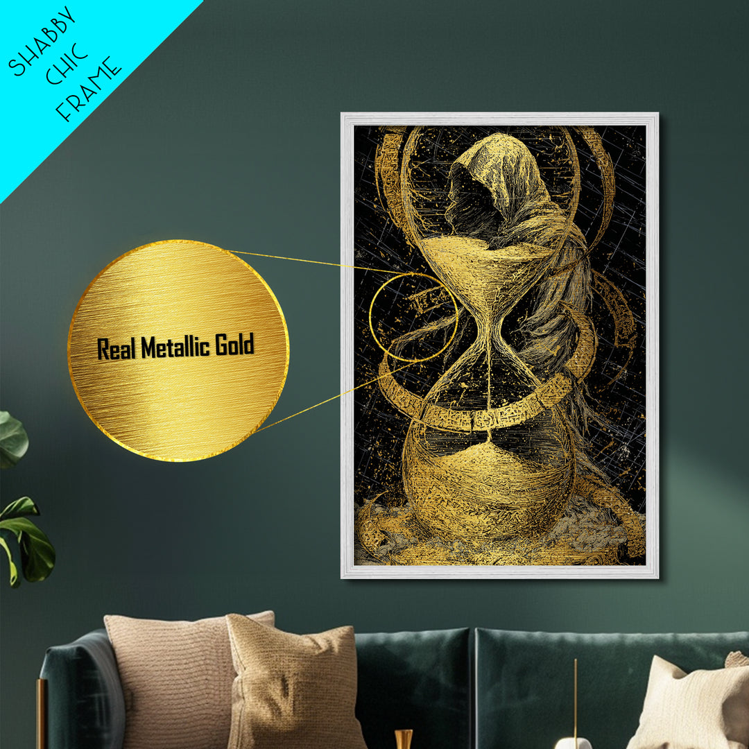 Hooded Figure In Hourglass Timepiece, Metallic Gold Art Print, Mythological Decorative Wall Art, Symbolic Design, Real Wood Frame