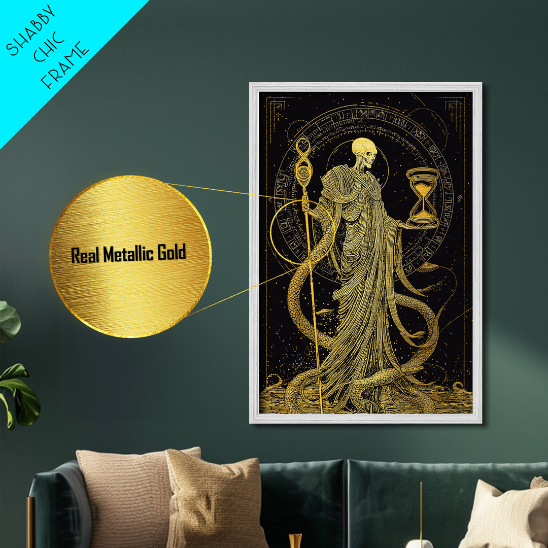 Chronos Metallic Gold Metal Print, Mythological Skeleton Holding Hourglass, Esoteric Wall Art, Real Wood Framed Artwork