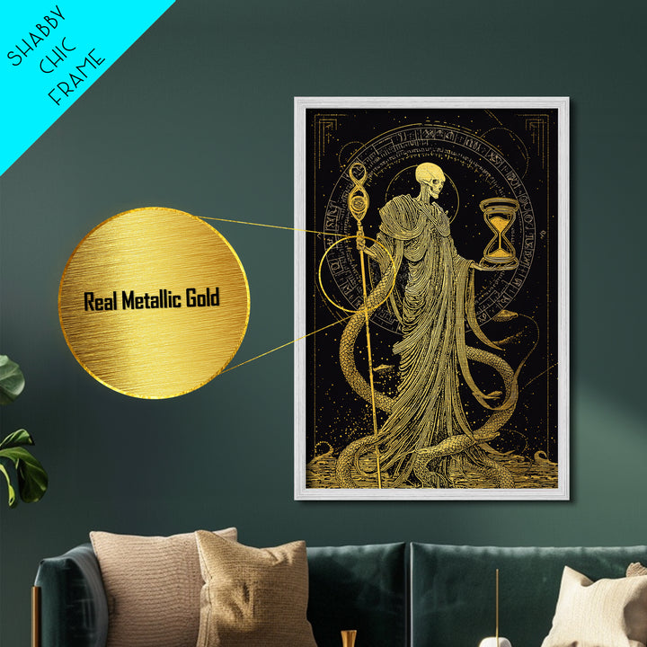 Chronos Metallic Gold Metal Print, Mythological Skeleton Holding Hourglass, Esoteric Wall Art, Real Wood Framed Artwork