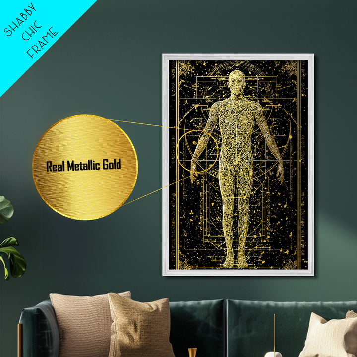 Vitruvian Human Anatomy Metallic Gold Metal Print, Sacred Geometry Wall Art, Celestial Body Illustration, Real Wood Frame Decor