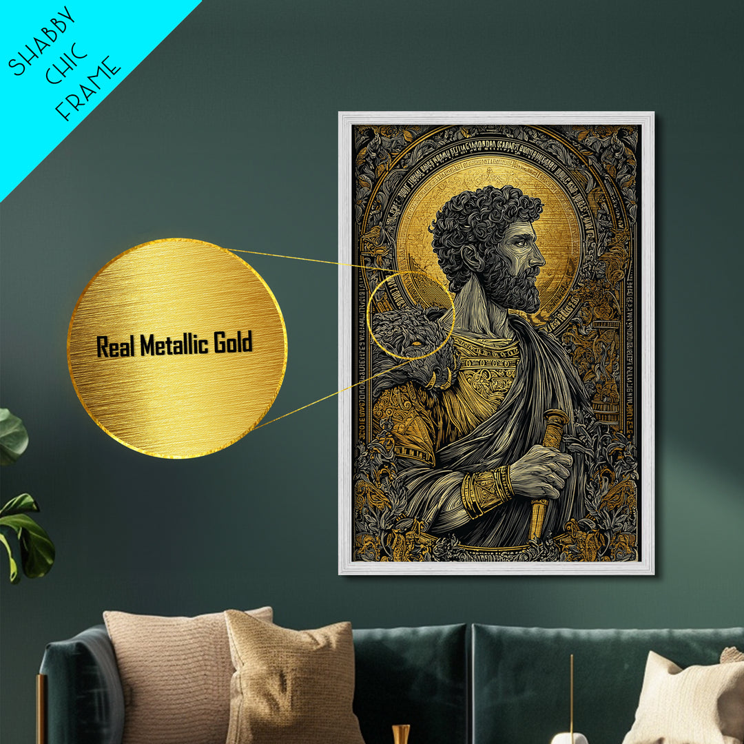 Commodus Metallic Gold Metal Print, Roman Emperor With Sword Portrait, Historical Warrior Wall Art, Real Wood Framed Piece