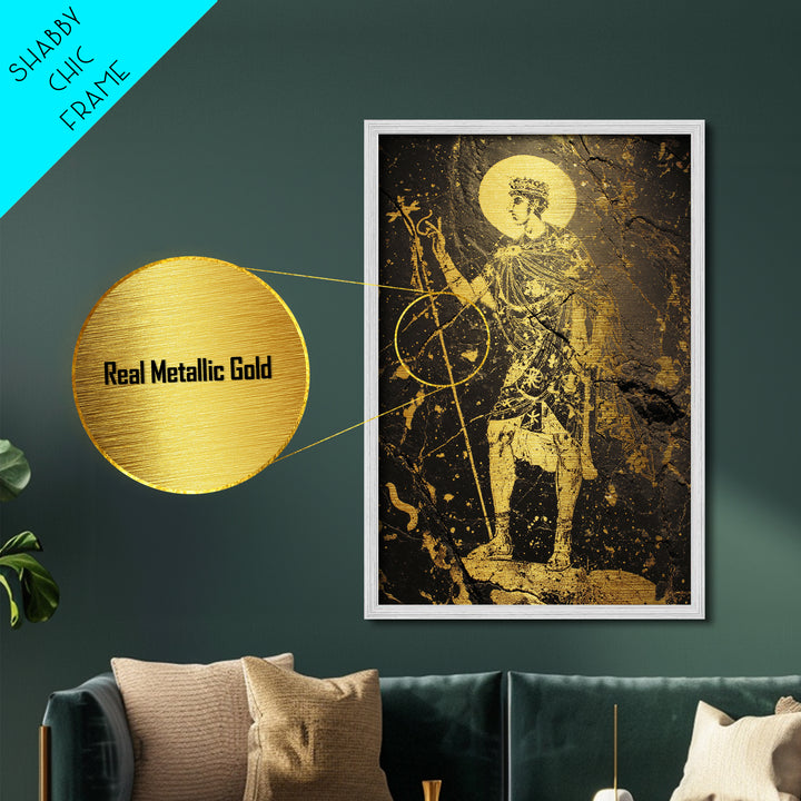 Constantine Metallic Gold Metal Print, Byzantine Roman Emperor Holding Staff Artwork, Regal Historical Wall Art, Wood Frame