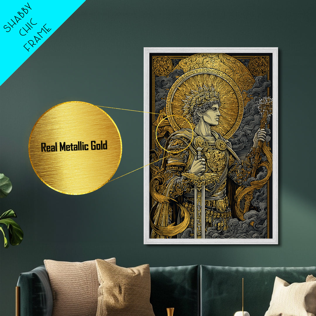 Classical Warrior God Artwork, Metallic Gold Metal Print, Mythology Wall Art, Ancient Roman Style, Real Wood Frame Decor