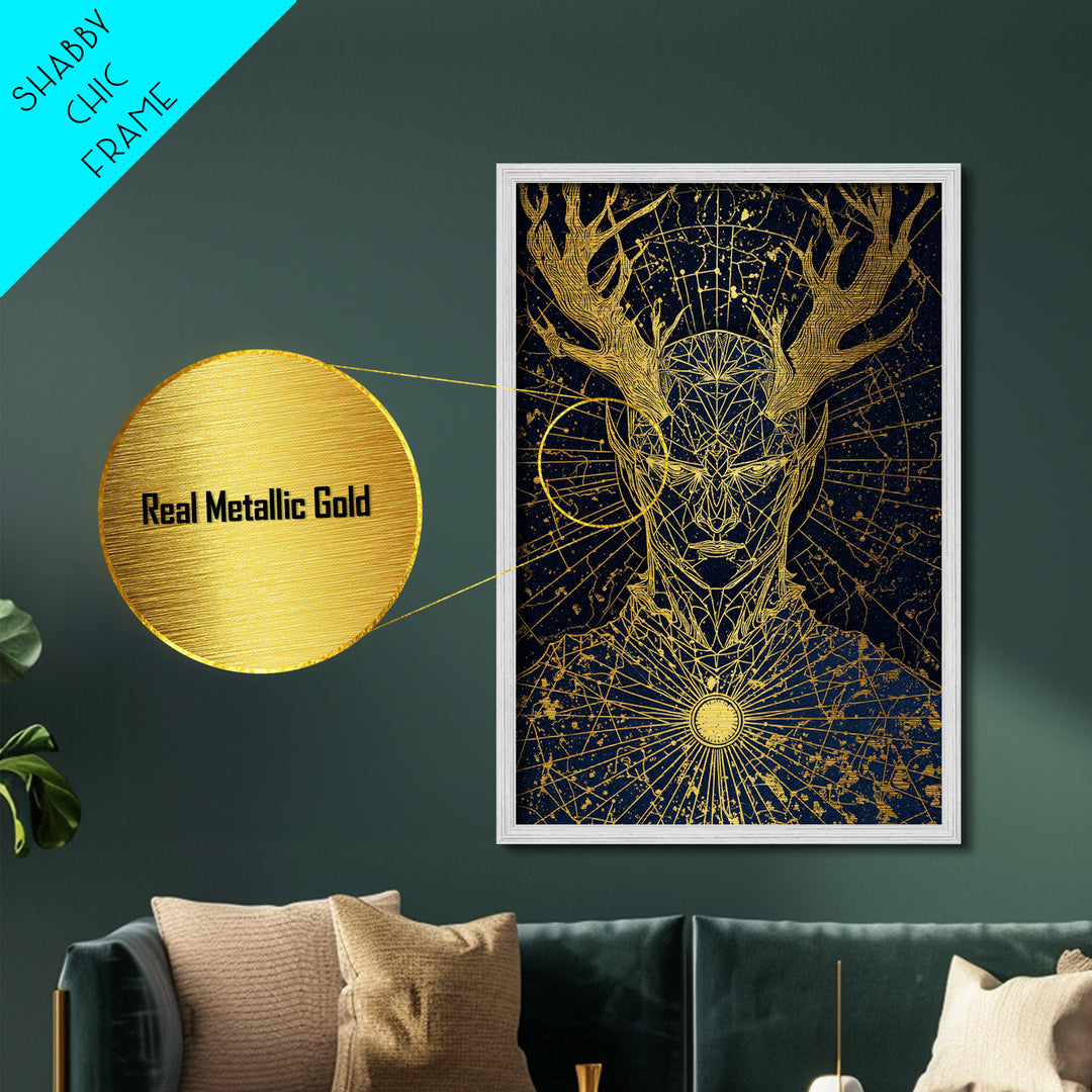 Geometric Antler God Artwork, Metallic Gold Art Print, Mythology Constellation Wall Decor, Cosmic Style, Real Wood Frame