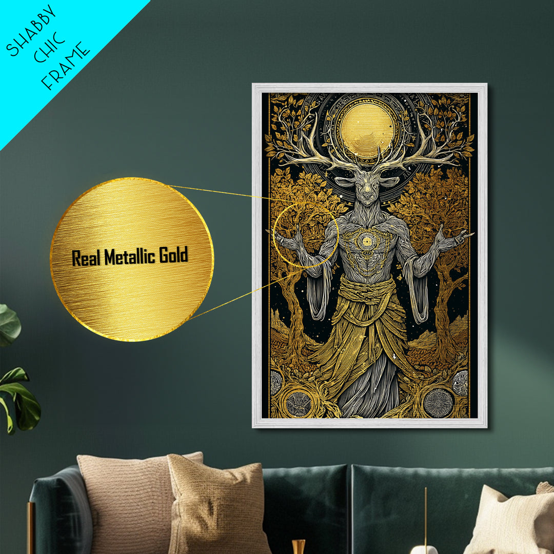 Forest Deer God Artwork, Metallic Gold Metal Print, Pagan Mythology Wall Art, Nature Spirit Decor, Real Wood Frame Accent