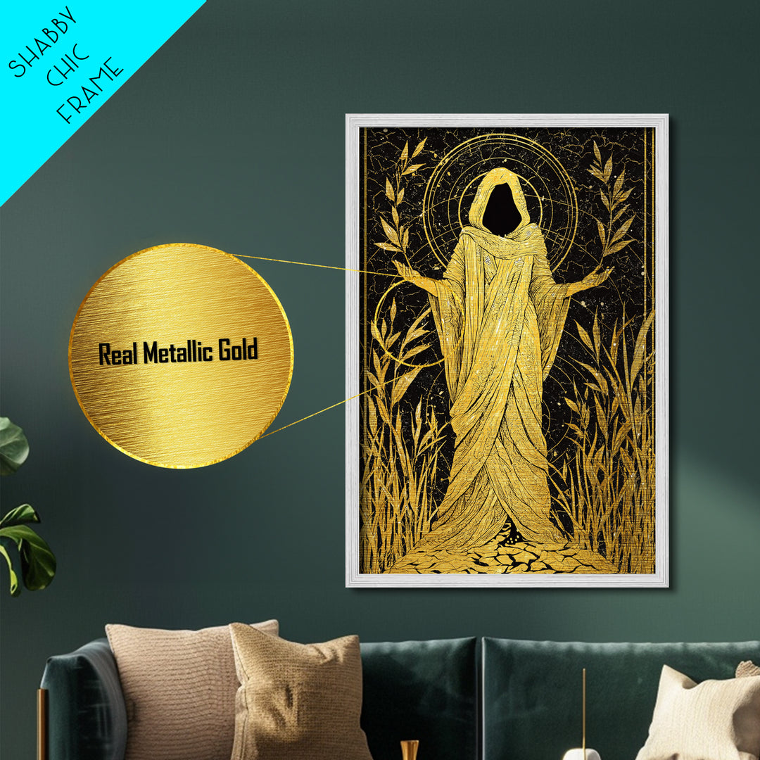 Mystical Hooded Figure Artwork, Metallic Gold Art Print, Mythology Spiritual Wall Decor, Divine Goddess Style, Real Wood Frame