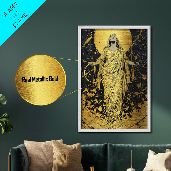 Ancient Goddess Rising Artwork, Metallic Gold Metal Print, Mythology Divine Feminine Wall Art, Celestial Style, Real Wood Frame