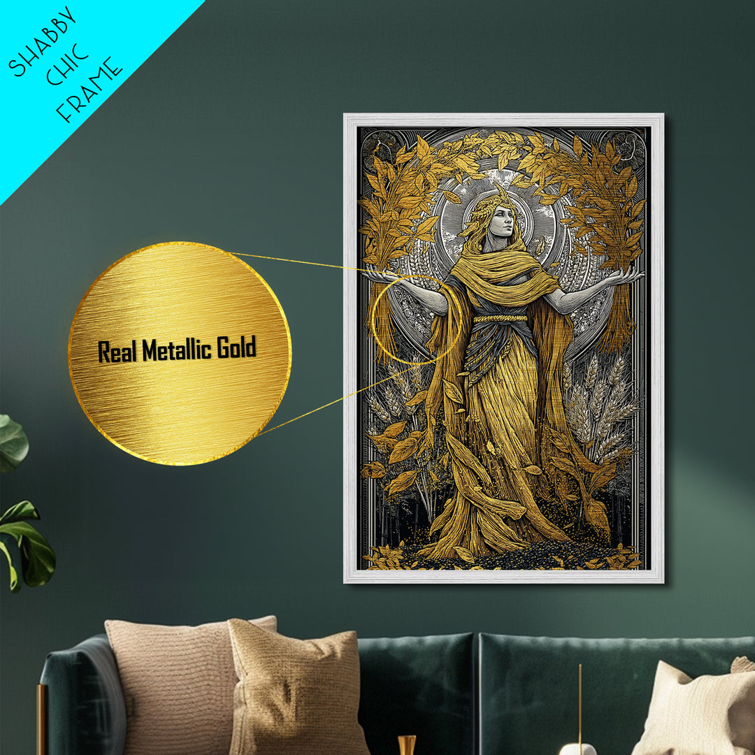 Harvest Goddess Artwork, Metallic Gold Art Print, Ancient Mythology Wall Decor, Wheat and Leaves Motif, Real Wood Frame Display