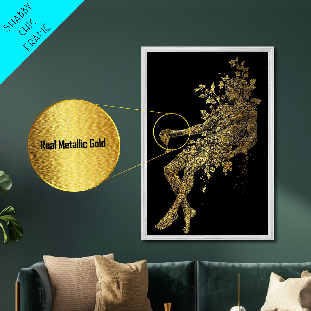 Resting God With Wine Artwork, Metallic Gold Metal Print, Mythology Dionysus Inspired Wall Art, Mosaic Style, Real Wood Frame