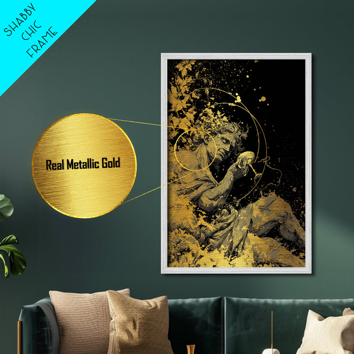 Mythology God Drinking Artwork, Metallic Gold Metal Print, Ancient Dionysus Inspired Wall Art, Wine Motif Decor, Real Wood Frame