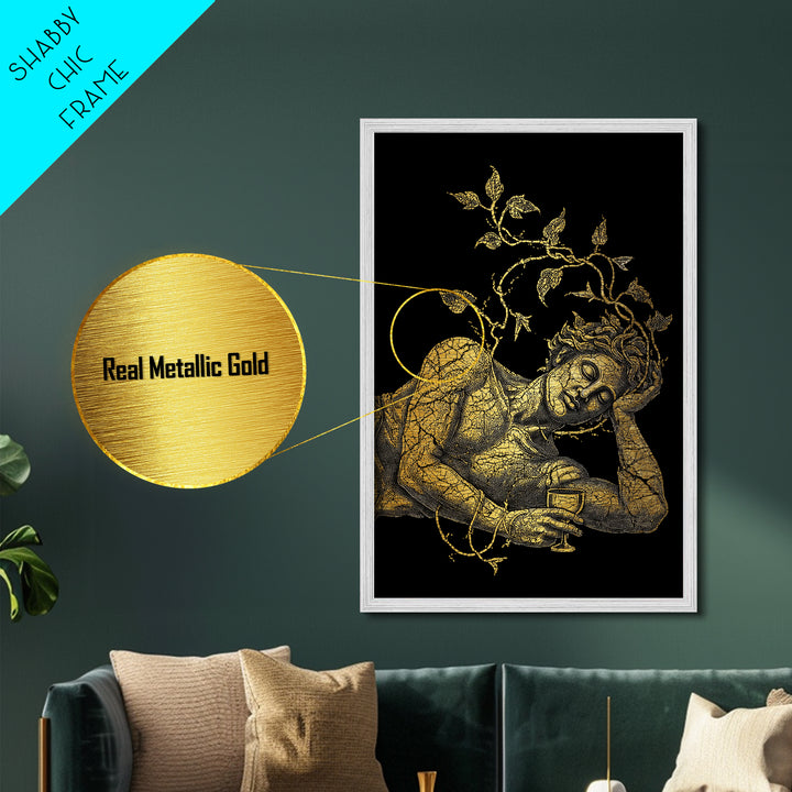 Sleeping God With Vines Artwork, Metallic Gold Art Print, Mythology Dionysus Inspired Wall Decor, Mosaic Style, Real Wood Frame