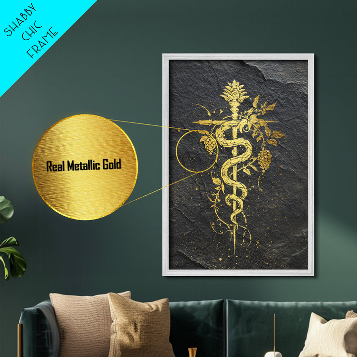 Mythical Serpent Staff Metallic Gold Metal Print, Ancient Symbolic Snake Art, Luxury Decor With Real Wood Frame