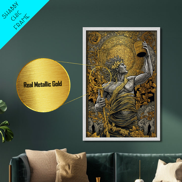Dionysus Celebration Metallic Gold Metal Print, Greek God Of Wine Wall Art, Mythology Decor With Real Wood Frame