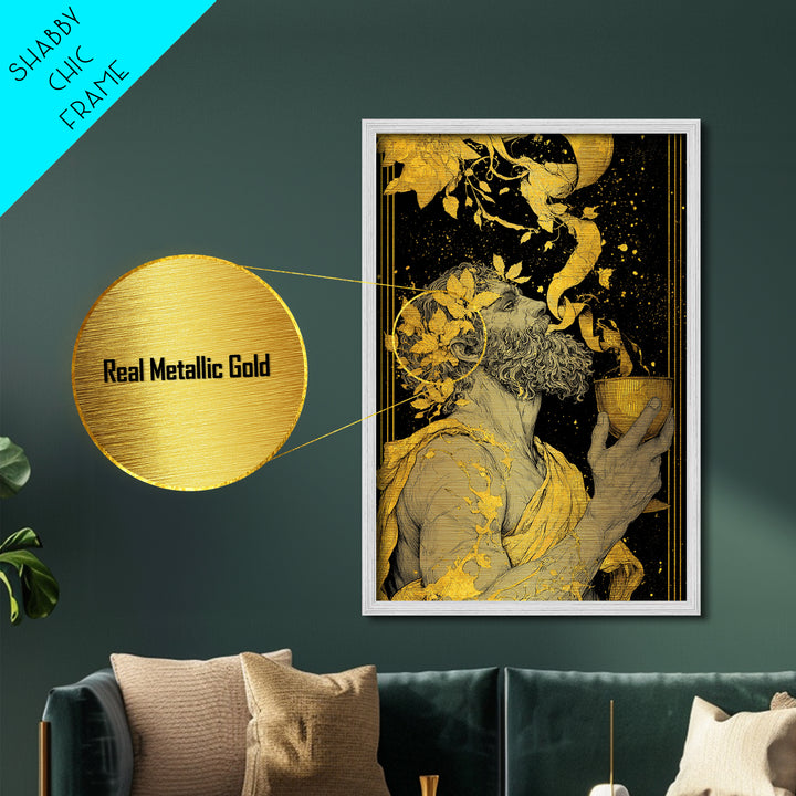 Bearded Dionysus Metallic Gold Metal Print, Greek Mythology Wine God Wall Art, Regal Luxury Decor With Real Wood Frame