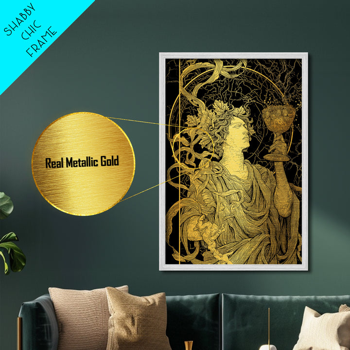 Dionysus With Chalice Metallic Gold Metal Print, Ancient Greek God Art, Mythology Home Decor With Real Wood Frame