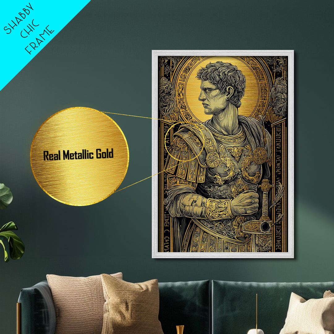Roman General Portrait Metallic Gold Metal Print, Ancient Warrior Wall Art, Regal Classical Decor With Real Wood Frame