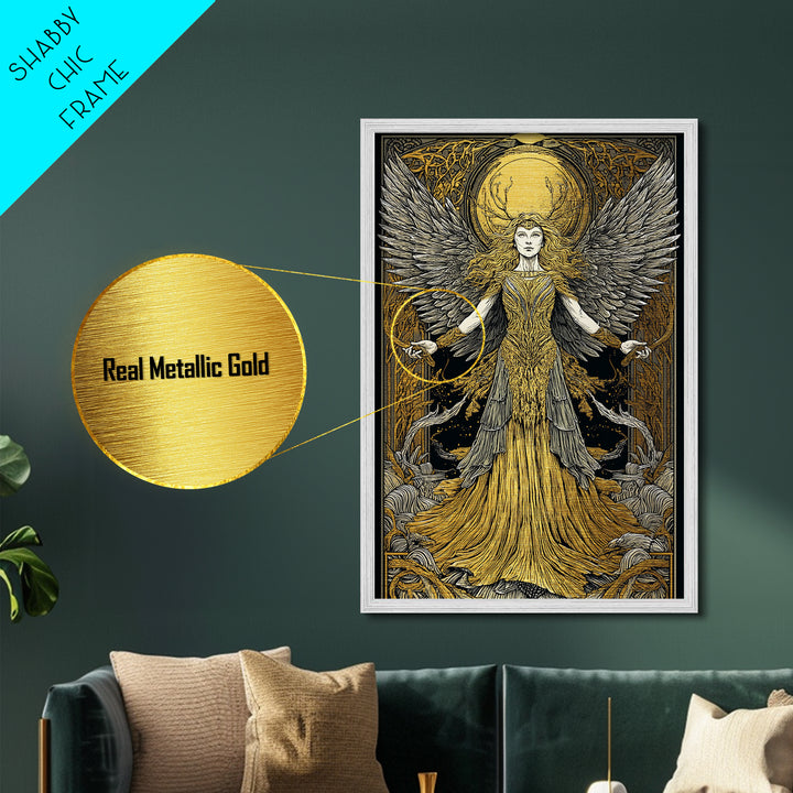 Mythical Winged Goddess Metallic Gold Metal Print, Fantasy Divine Woman Art, Ethereal Luxury Decor With Real Wood Frame