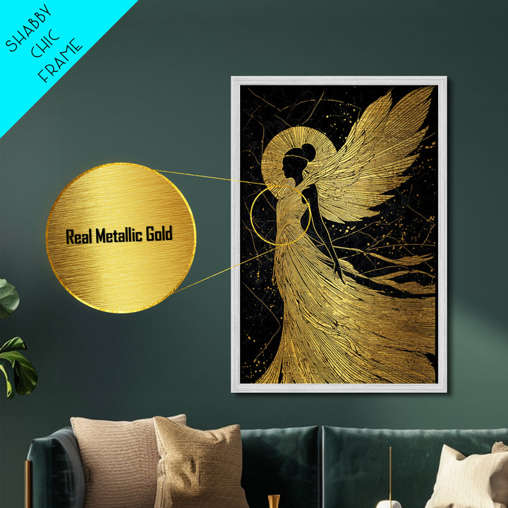 Golden Angelic Silhouette Metallic Gold Metal Print, Elegant Divine Figure Art, Celestial Decor With Real Wood Frame