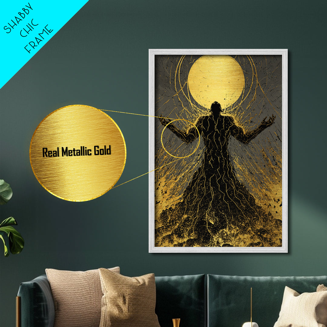 Cosmic Ascension Metallic Gold Metal Print, Abstract Silhouette Moon Art, Spiritual Mythology Decor With Real Wood Frame