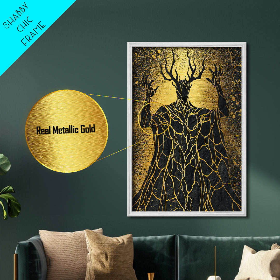 Antlered Mythical Deity Metallic Gold Metal Print, Fantasy Abstract Wall Art, Mystical Surreal Figure, Real Wood Frame