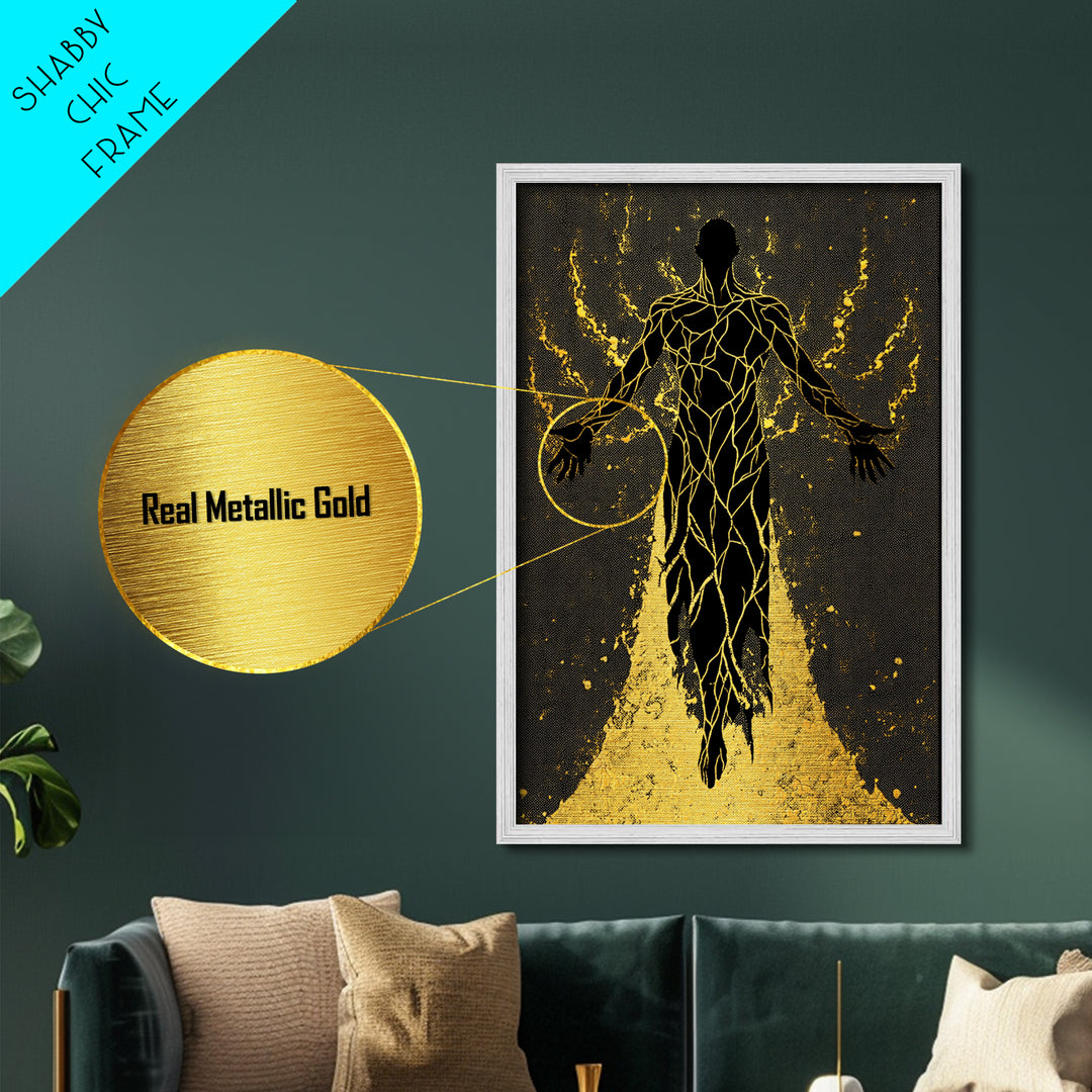 Radiant Ascension Metallic Gold Metal Print, Mythological Abstract Silhouette, Celestial Fantasy Wall Art, Real Wood Frame