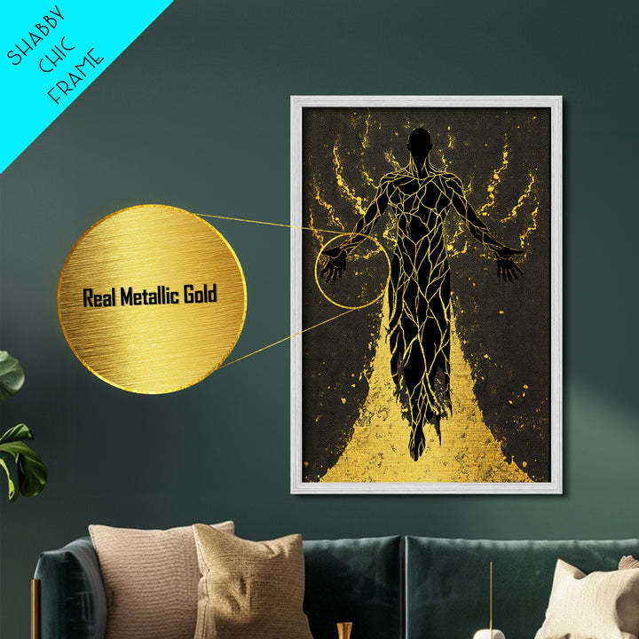 Radiant Ascension Metallic Gold Metal Print, Mythological Abstract Silhouette, Celestial Fantasy Wall Art, Real Wood Frame